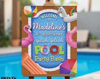 Pool Party Welcome Sign, Splish Splash Birthday Bash, PRINTABLE 8x10/16x20" Bday Sign, Unicorn, Flamingo, Pool Floats, Digital File