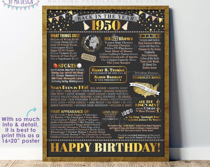 Back in the Year 1950 Birthday Sign, Flashback to 1950 Poster Board, ‘50 B-day Gift, Bday Decoration, PRINTABLE 16x20” Sign <ID>