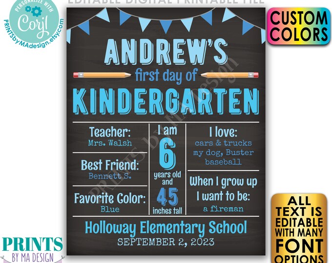 Editable 1st Day of School Sign, School Stats, Custom First Day, PRINTABLE 8x10/16x20” Back to School Photo Prop <Edit Yourself w/Corjl>