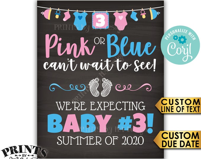 Baby #3 Pregnancy Announcement, Pink or Blue Can't Wait to See, PRINTABLE 8x10/16x20” Chalkboard Style Sign <Edit Yourself with Corjl>