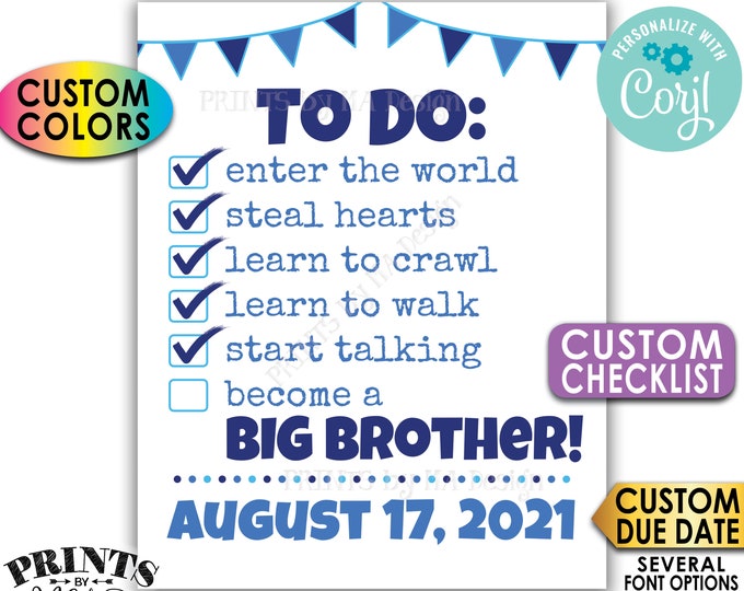 To Do List Pregnancy Announcement with a Custom Checklist, I'm Going to be a Big Brother, PRINTABLE 8x10/16x20” Sign <Edit Yourself w/Corjl>