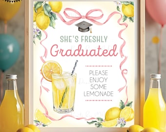 She's Freshly Graduated Graduation Party Lemonade Sign, Enjoy Lemon Grad Party Decor, Pink Accents, Digital PRINTABLE 8x10/16x20” Sign <ID>
