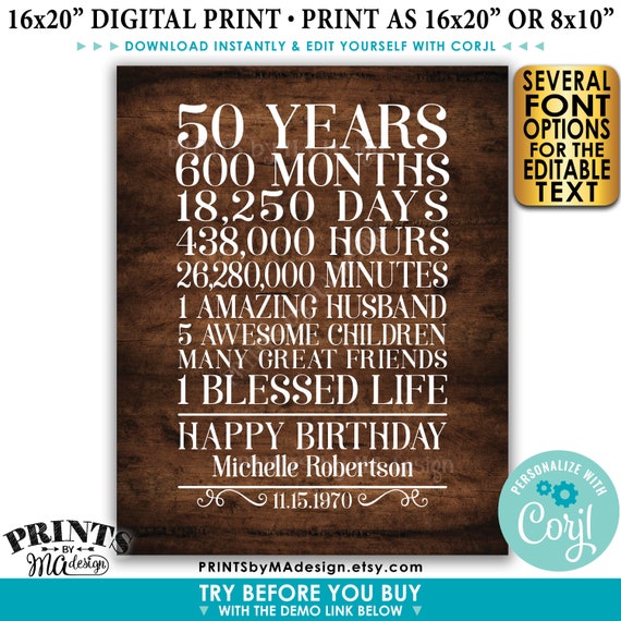 Regalo per il 50 compleanno per una donna, 50 anni ripartiti, Custom  PRINTABLE 8x10/16x20 Cartello in stile legno rustico Modifica te stesso con  Corjl -  Italia