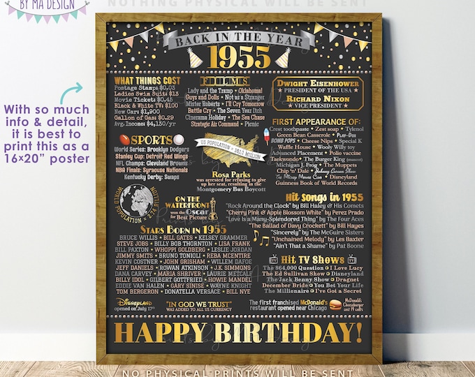 Back in the Year 1955 Birthday Sign, Flashback to 1955 Poster Board, ‘55 B-day Gift, Bday Decoration, PRINTABLE 16x20” Sign <ID>