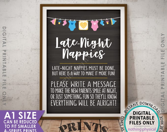 Late Night Nappy Sign Late-Night Nappies Sign the Nappy Thoughts, Gender Neutral Chalkboard Style Baby Shower Game, PRINTABLE A1 Sign <ID>