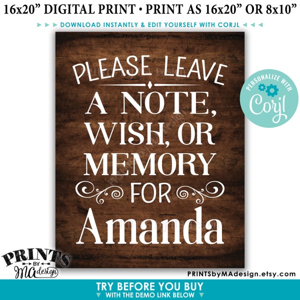 Please Leave a Note Wish or Memory Sign, Write a Message Sign, PRINTABLE Rustic Wood Style 16x20” Sign <Edit Yourself with Corjl>