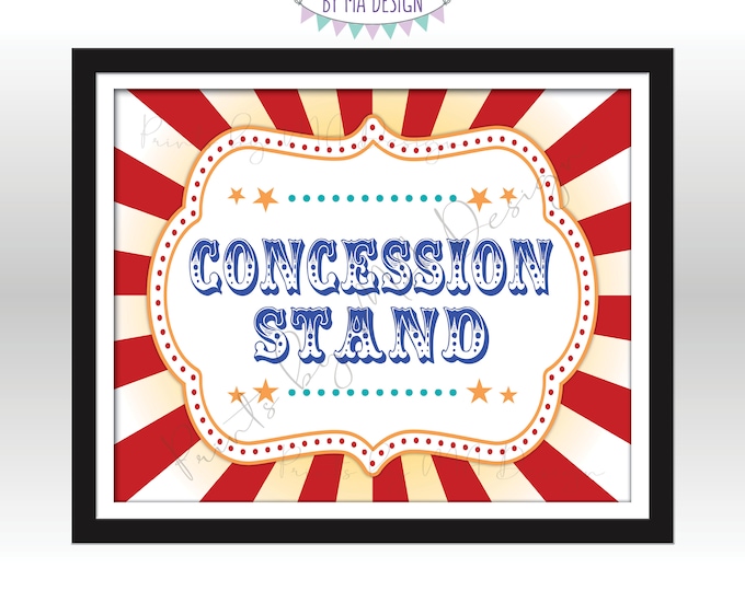 Carnival Party Concession Stand Sign, Concessions Carnival Sign, Circus Food, Snacks, Treats, Candy, Drinks, PRINTABLE 8x10/16x20” Sign <ID>