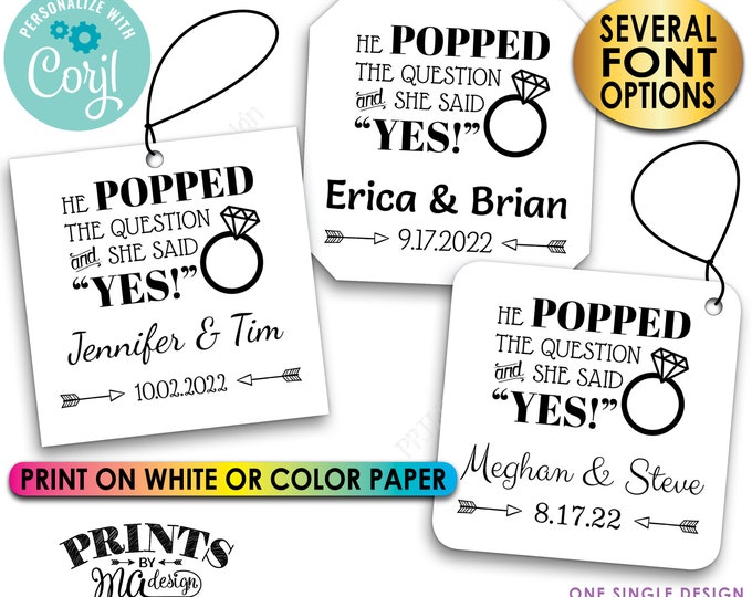 He Popped the Question & She Said Yes Engagement Party Tags, Custom 2" Square Cards on PRINTABLE 8.5x11" File <Edit Yourself with Corjl>