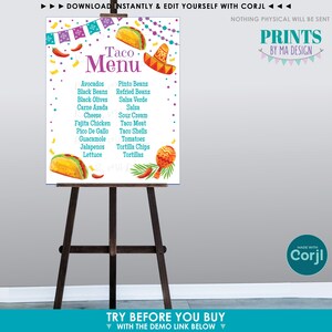 May include: A printable taco menu sign with a colorful design. The sign features a taco, a sombrero, maracas, and chili peppers. The menu lists ingredients for tacos, including avocados, black beans, black olives, carne asada, cheese, fajita chicken, pico de gallo, guacamole, jalapenos, lettuce, pinto beans, refried beans, salsa verde, salsa, sour cream, taco meat, taco shells, tomatoes, tortilla chips, and tortillas.