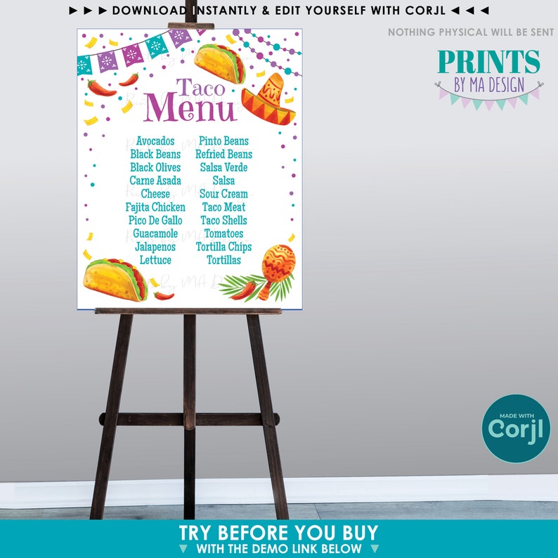 May include: A printable taco menu sign with a colorful design. The sign features a taco, a sombrero, maracas, and chili peppers. The menu lists ingredients for tacos, including avocados, black beans, black olives, carne asada, cheese, fajita chicken, pico de gallo, guacamole, jalapenos, lettuce, pinto beans, refried beans, salsa verde, salsa, sour cream, taco meat, taco shells, tomatoes, tortilla chips, and tortillas.