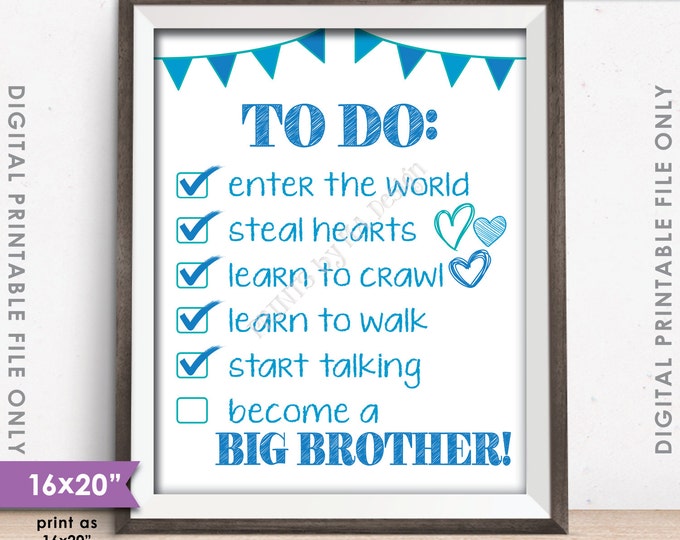 To Do List Big Brother Checklist Announcement Sign, Pregnancy Announcement Pregnant Baby #2, 8x10/16x20" Instant Download Digital Printable