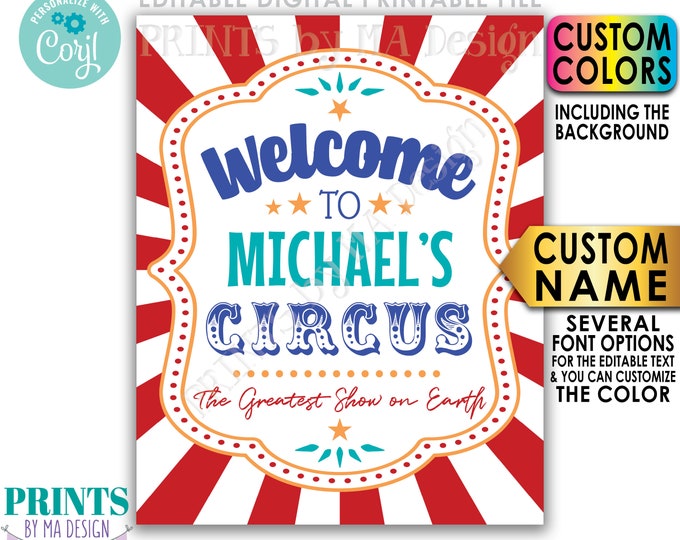 Circus Welcome Sign, Welcome to the Circus Theme Party Sign, Custom PRINTABLE 8x10/16x20” Portrait Sign <Edit Yourself with Corjl>