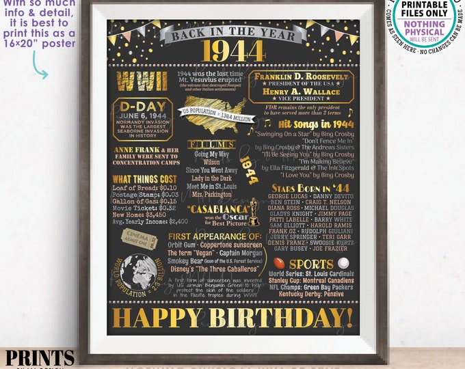 Back in the Year 1944 Birthday Sign, Flashback to 1944 Poster Board, ‘44 B-day Gift, Bday Decoration, PRINTABLE 16x20” Sign <ID>