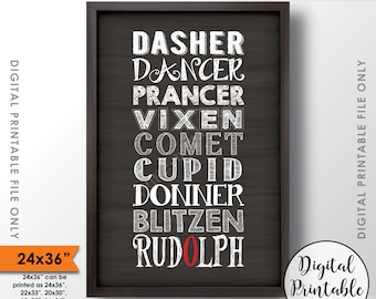 Santa's Reindeer Christmas Decor, Rudolph the Red Nose Sign, Winter Art, 24x36” Chalkboard Style Instant Download Digital Printable