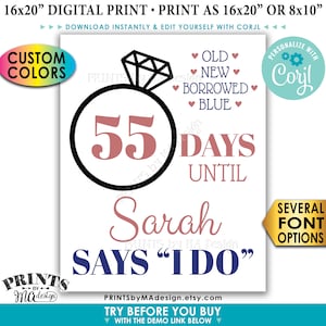 Bridal Shower Countdown Sign, Days Until She Says I Do, Custom ...