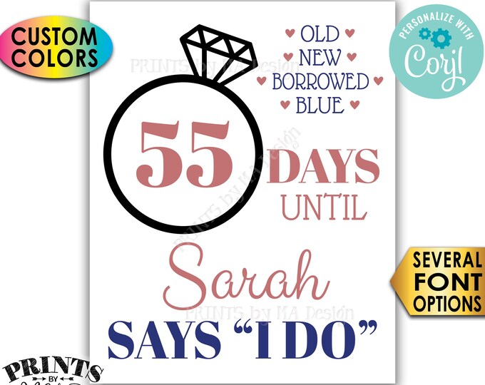 Bridal Shower Countdown Sign, Days Until She Says I Do, Custom PRINTABLE 8x10/16x20” Wedding Ring Sign <Edit Yourself with Corjl>