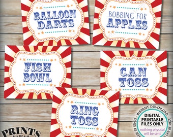 Carnival Games Signs, Circus Party Activities, Can & Ring Toss, Balloon Darts, Fish Bowl, Apples, PRINTABLE 8x10/16x20” Carnival Signs <ID>