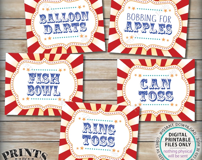 Carnival Games Signs, Circus Party Activities, Can & Ring Toss, Balloon Darts, Fish Bowl, Apples, PRINTABLE 8x10/16x20” Carnival Signs <ID>