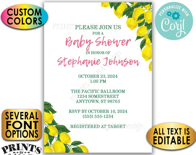 Lemon Baby Shower Invitation, Tuscan Garden Party, Summer Lemonade, Custom 5x7" Digital Printable File <Edit Yourself with Corjl>