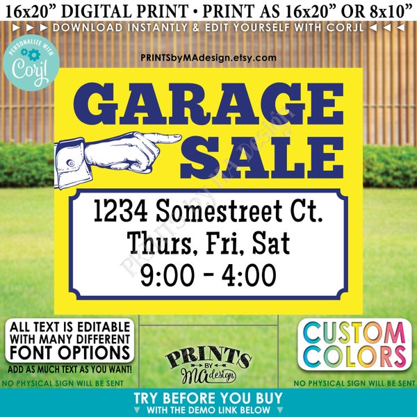 Editable Garage Sale Sign, Yard Sale, Custom PRINTABLE 8x10/16x20” Landscape Sign with Hand Pointing <Edit Yourself w/Corjl>