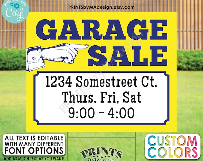 Editable Garage Sale Sign, Yard Sale, Custom PRINTABLE 8x10/16x20” Landscape Sign with Hand Pointing <Edit Yourself w/Corjl>