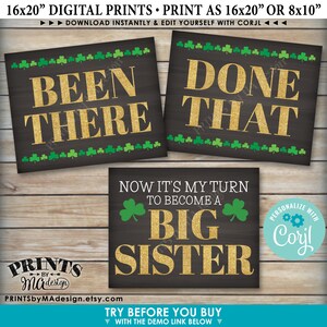 May include: Three printable signs with a chalkboard background and gold glitter text. The first sign says "Been There", the second sign says "Done That", and the third sign says "Now it's my turn to become a Big Sister".