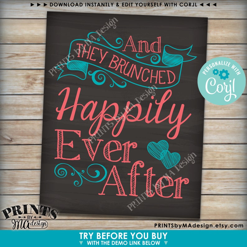 Bridal Shower Brunch Sign, They Brunched Happily Ever After PRINTABLE 16x20” Chalkboard Style Wedding Sign <Edit Colors Yourself with Corjl> image 4