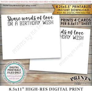 Verjaardagsaandeel woorden van liefde of een verjaardagswenskaart, Bday Wishes B-day Party Activity, 4,25x5,5" kaarten op een PRINTBAAR 8,5x11" vel <ID>