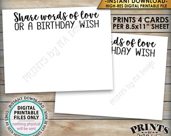 Birthday Share Words of Love or a Birthday Wish Card, Bday Wishes B-day Party Activity, 4.25x5.5" Cards on a PRINTABLE 8.5x11" Sheet <ID>