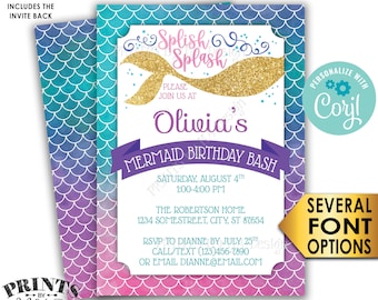 Mermaid Birthday Invitation, Splish Splash Mermaid Birthday Bash, PRINTABLE 5x7" Mermaid Party Invite <Edit Yourself with Corjl>
