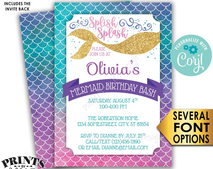 Mermaid Birthday Invitation, Splish Splash Mermaid Birthday Bash, PRINTABLE 5x7" Mermaid Party Invite <Edit Yourself with Corjl>