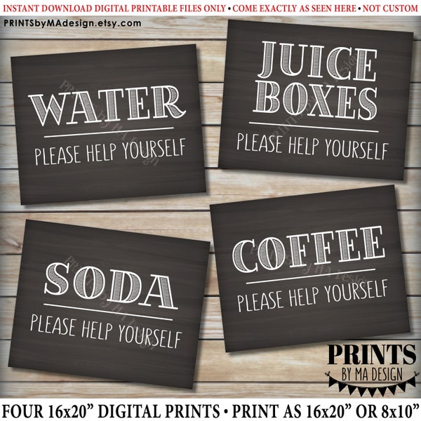 Beverage Station Signs, Please Help Yourself to Water Juice Coffee or Soda, PRINTABLE 8x10” Chalkboard Style Non-Alcohol DrinksSigns <ID>
