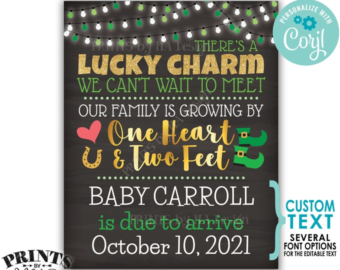 St Patrick's Day Pregnancy Announcement, Our family is growing by 1 Heart & 2 Feet, PRINTABLE 8x10/16x20” Sign <Edit Yourself with Corjl>