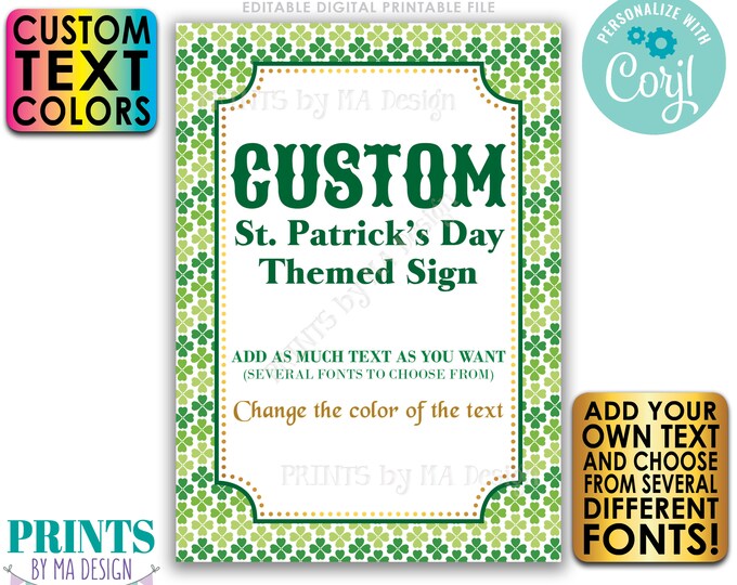Editable St. Patrick's Day Sign, Shamrocks, Choose Your Text, Create One Custom PRINTABLE 5x7” Portrait Sign <Edit Yourself w/Corjl>