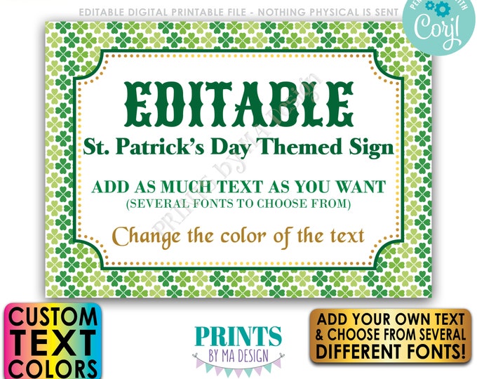 Editable St. Patrick's Day Sign, Shamrocks, Choose Your Text, Create One Custom PRINTABLE 5x7” Landscape Sign <Edit Yourself w/Corjl>