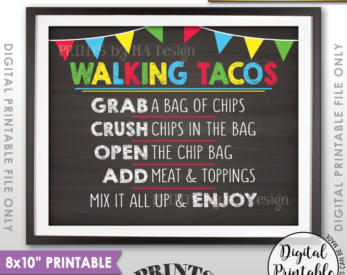 Walking Tacos Sign, Taco Bar Sign, Cinco de Mayo Fiesta, PRINTABLE 8x10” Landscape Chalkboard Style Taco Sign <ID>