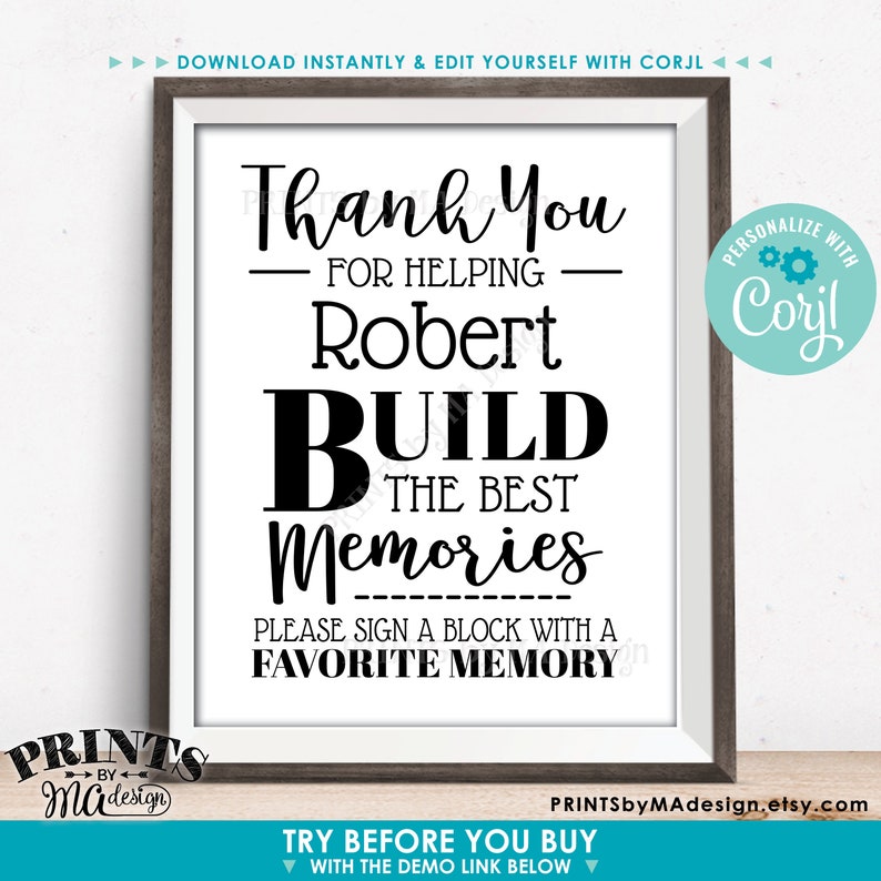 Firma un cartel conmemorativo de Block Memory, Gracias por ayudar a crear los mejores recuerdos, Cartel IMPRIMIBLE de 8x10/16x20” <Edítalo tú mismo con Corjl> imagen 2