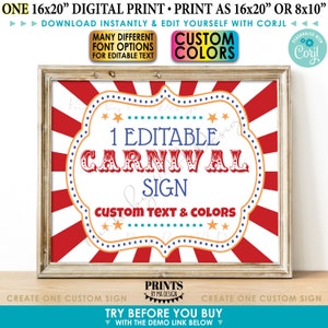 Editable Carnival Sign, Circus Theme Birthday Party Decoration, Create ONE Custom PRINTABLE 8x10/16x20” Sign <Edit Yourself with Corjl>