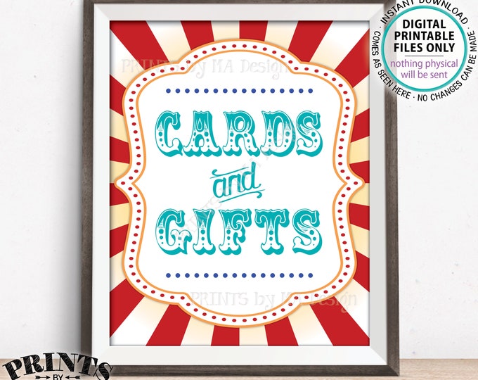 Cards and Gifts Sign, Cards & Gifts Carnival Theme Party Sign, Circus Theme Party Carnival, PRINTABLE 8x10/16x20” Teal Carnival Sign <ID>