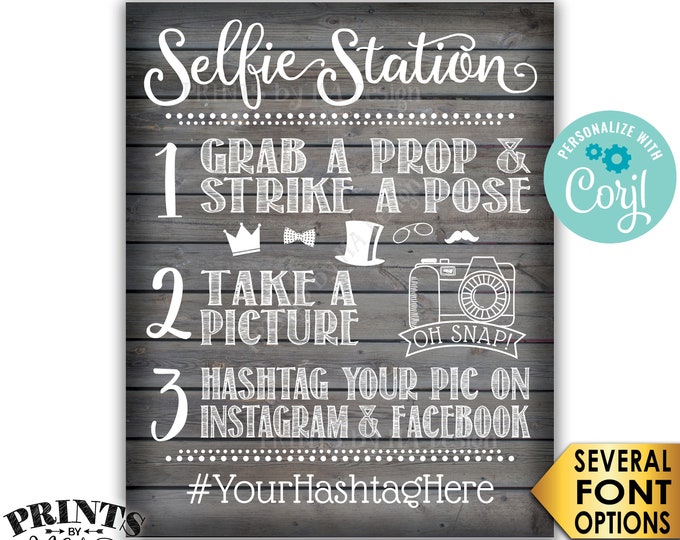 Selfie Station Sign, Share on Instagram & Facebook, PRINTABLE 8x10/16x20” Gray Rustic Wood Style Hashtag Sign <Edit Yourself with Corjl>
