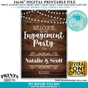 May include: A printable sign for an engagement party with a rustic wood background and white string lights. The text reads "Welcome to the Engagement Party for Natalie & Scott 8.5.2021".