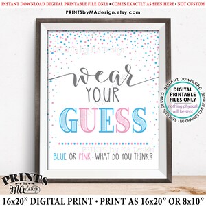 Puede incluir: Un cartel imprimible para una fiesta de revelación de género. El cartel es blanco con confeti azul y rosa y dice "Wear Your Guess" en letras grandes y negritas. El texto "Blue or Pink - What do you think?" está impreso debajo del texto principal.