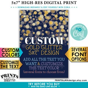 Custom Navy Blue & Gold Sign, Kies je tekst, Gold Glitter Bokeh, PRINTABLE 5x7" Portrait Sign of Card <Bewerk jezelf met Corjl>