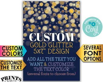 Custom Navy Blue & Gold Sign, Choose Your Text, Gold Glitter Bokeh, PRINTABLE 5x7” Portrait Sign or Card <Edit Yourself with Corjl>