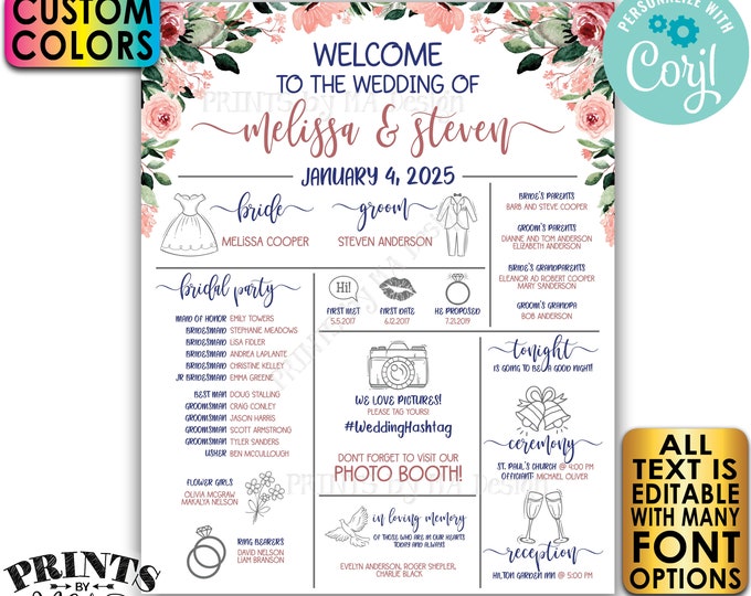 Infographic Wedding Program, Fun Editable Program, Customizable, Blush Flowers, Floral PRINTABLE 16x20” Sign <Edit Yourself with Corjl>