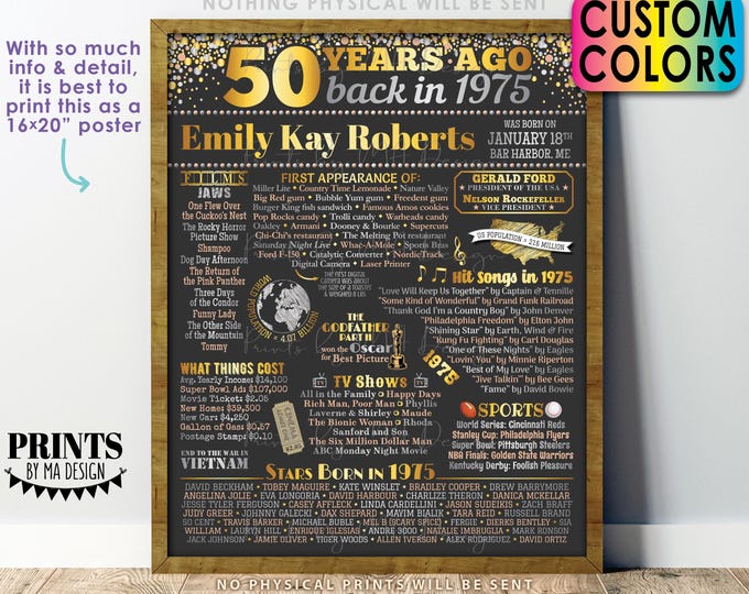 Back in the Year 1975 Birthday Sign, 50th Birthday Poster Board, Flashback 50 Years Ago B-day Gift, Custom PRINTABLE 16x20” Born in ‘75 Sign