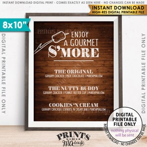 S'more Menü, genießen Sie ein Gourmet Smore Zeichen, S'more Zeichen, Smores Menü, Gourmet Smore Bar, 20x10 ”rustikaler Holzstil Sofortiger Download zum Ausdrucken
