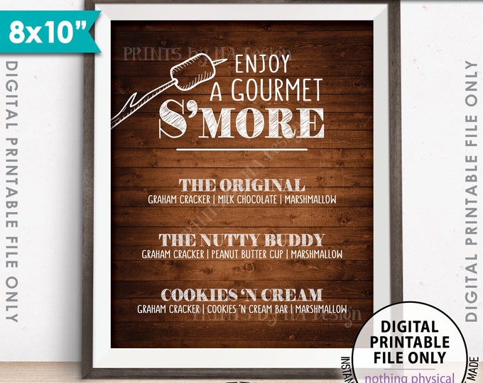 S'more Menu, Enjoy a Gourmet Smore Sign, S'more Sign, Smores Menu, Gourmet Smore Bar, 8x10” Rustic Wood Style Instant Download Printable