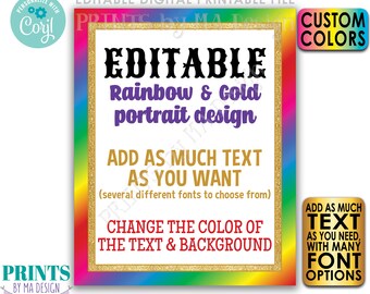 Editable Rainbow Sign with Gold "Glitter" Frame, Choose Your Text, Custom PRINTABLE 8x10/16x20" Portrait Sign <Edit Yourself with Corjl>