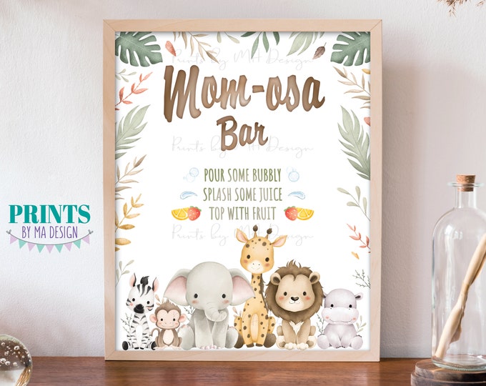 Mom-osa Bar Sign, Baby Shower Drinks, Make a Mimosa, Preggatini, MOMosa, Safari Baby Animals, PRINTABLE 8x10” Watercolor Style Sign <ID>